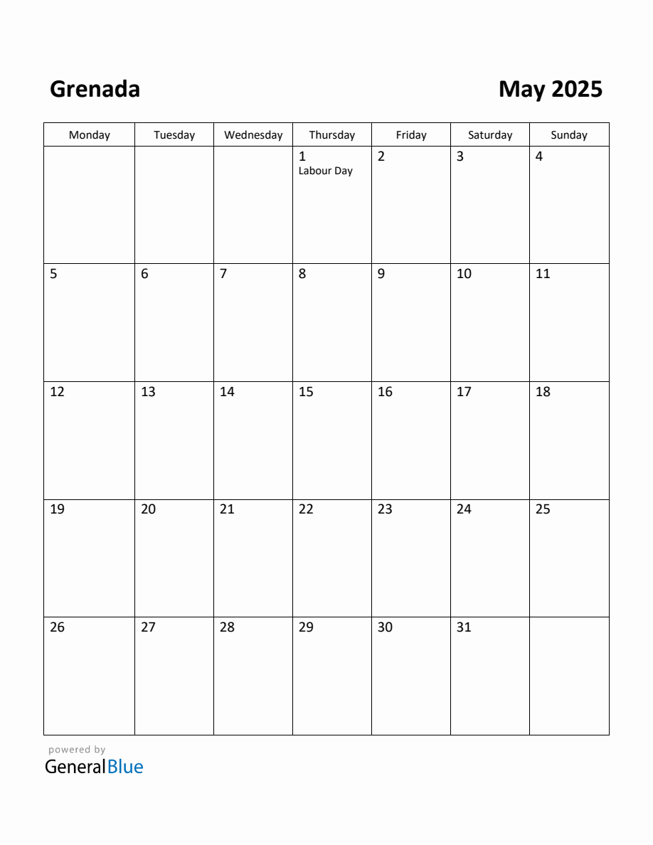 Free Printable May 2025 Calendar for Grenada