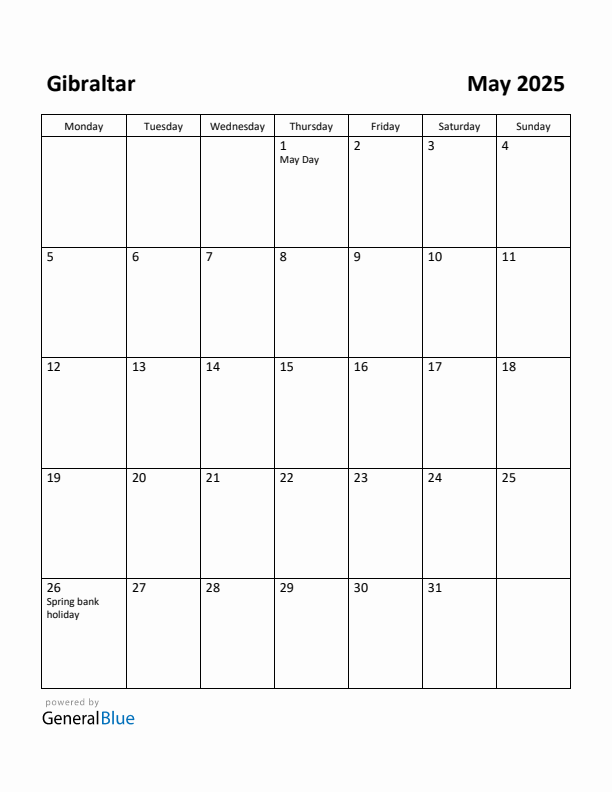 May 2025 Calendar with Gibraltar Holidays