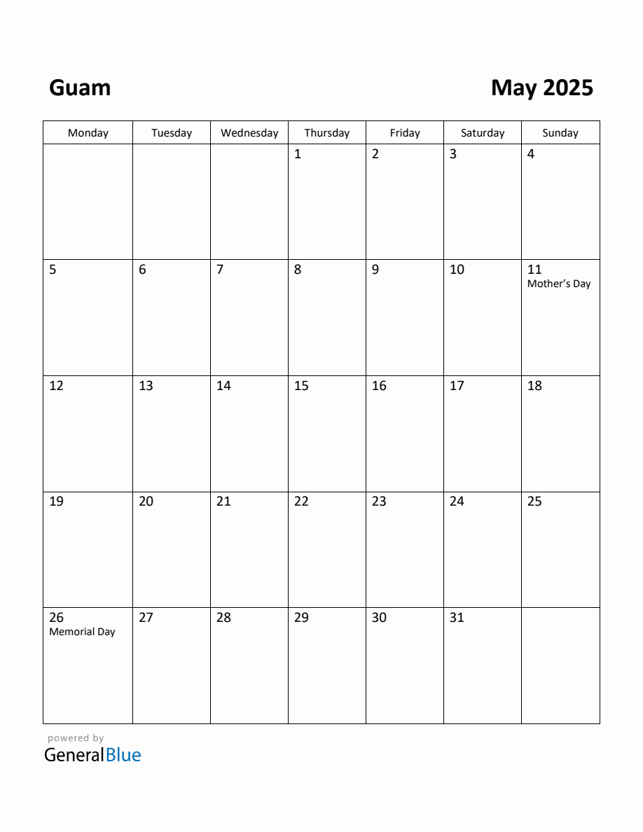 Free Printable May 2025 Calendar for Guam