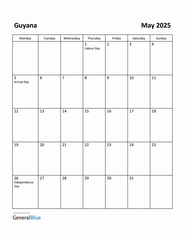 May 2025 Calendar with Guyana Holidays