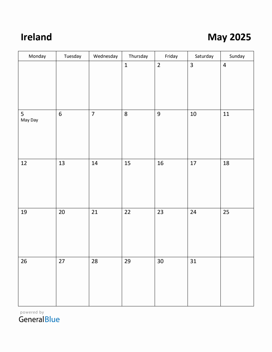 Free Printable May 2025 Calendar for Ireland