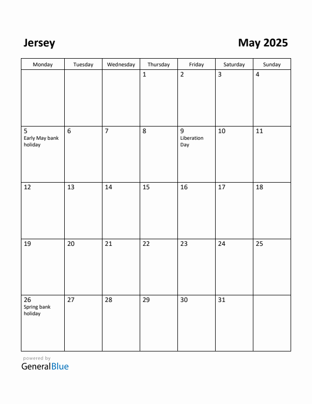 Free Printable May 2025 Calendar for Jersey