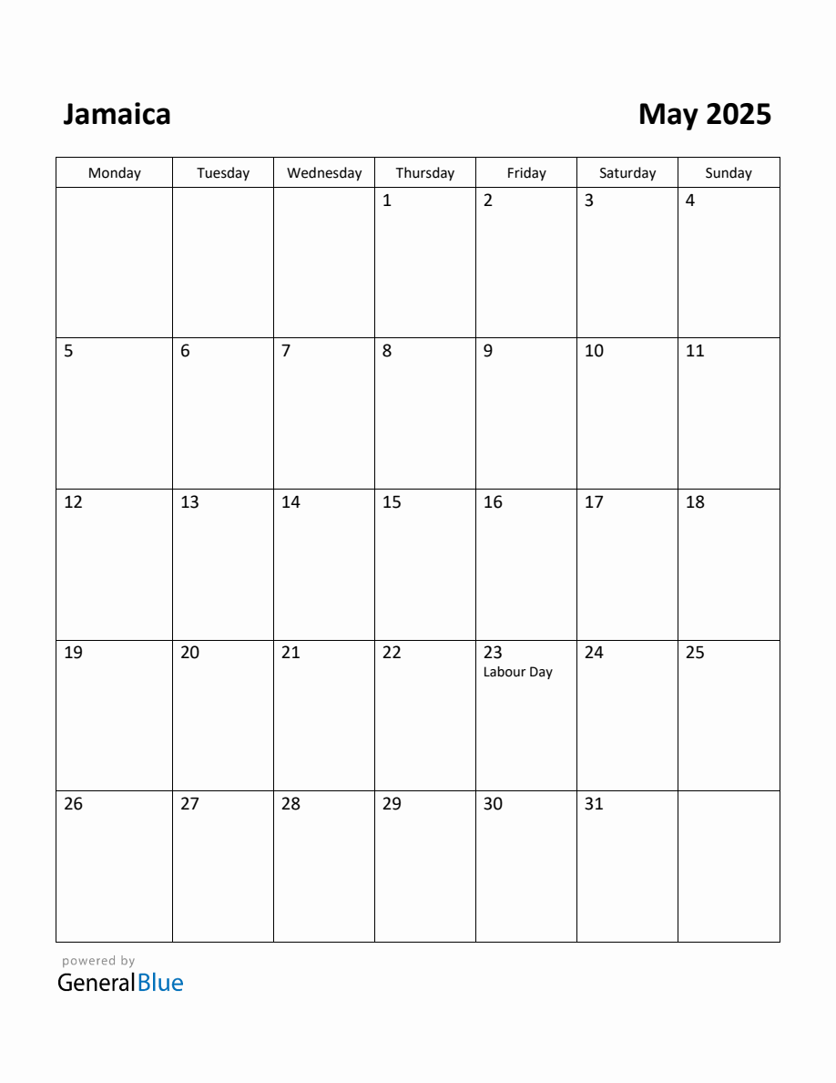 Free Printable May 2025 Calendar for Jamaica