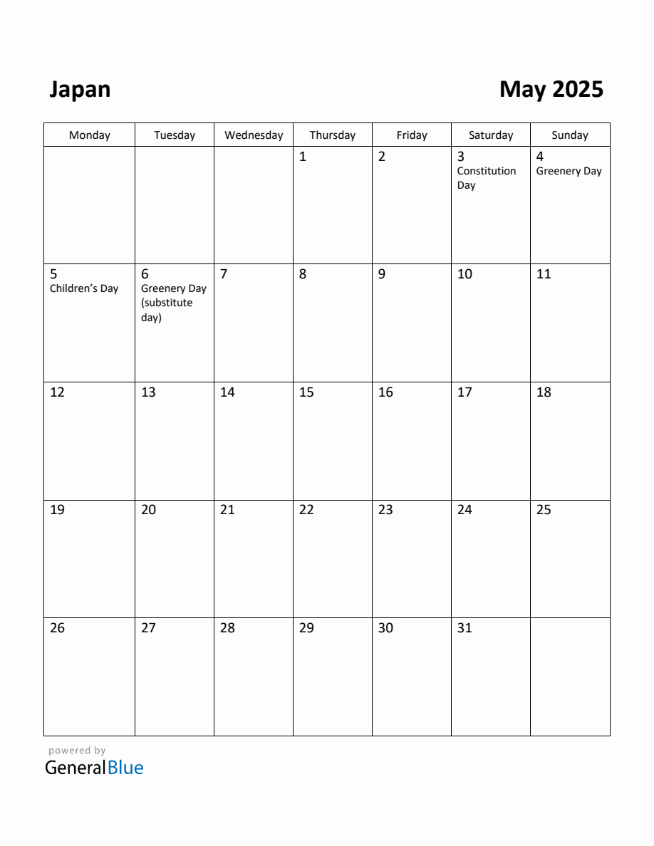 Free Printable May 2025 Calendar for Japan