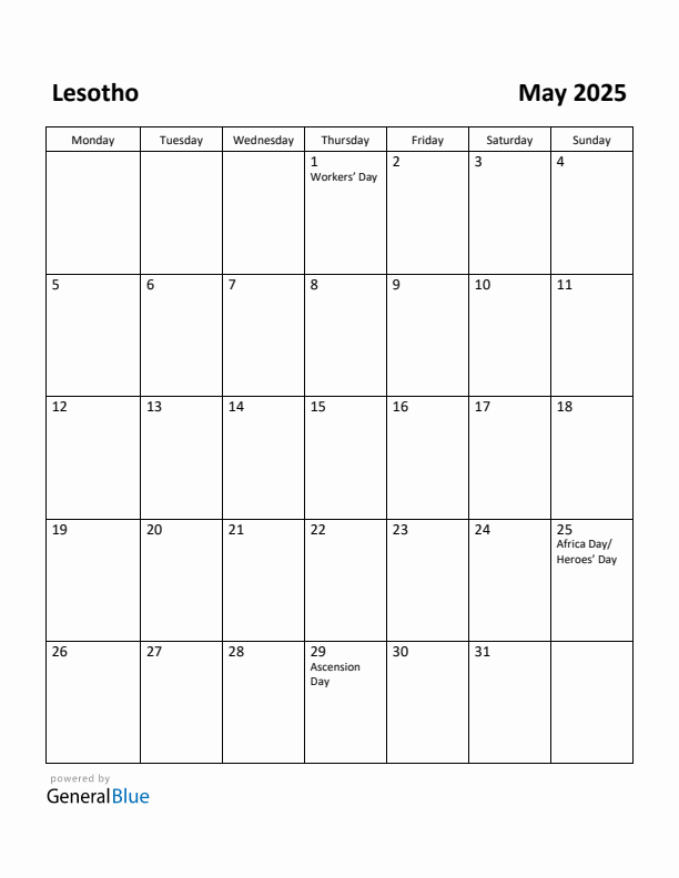 May 2025 Calendar with Lesotho Holidays