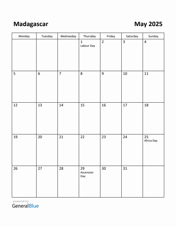 May 2025 Calendar with Madagascar Holidays