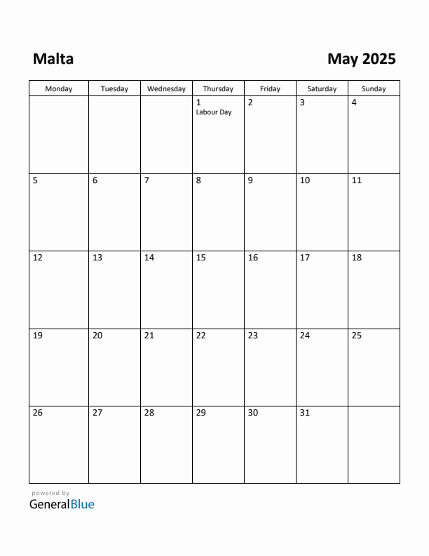 May 2025 Calendar with Malta Holidays