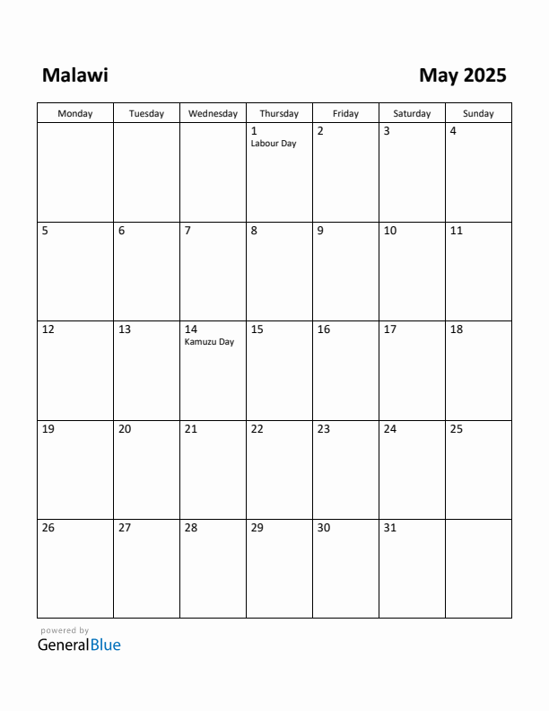 May 2025 Calendar with Malawi Holidays