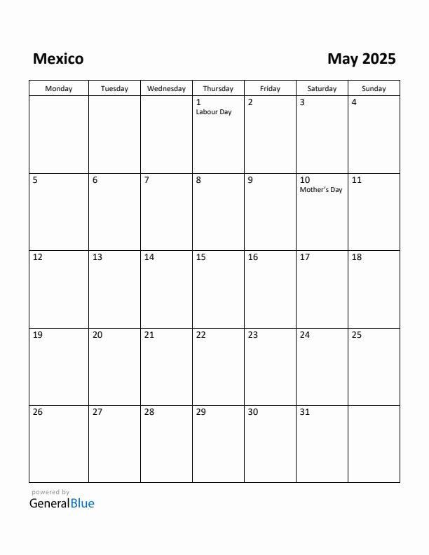 May 2025 Calendar with Mexico Holidays