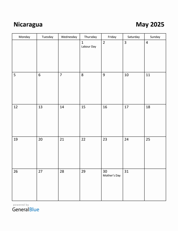 May 2025 Calendar with Nicaragua Holidays