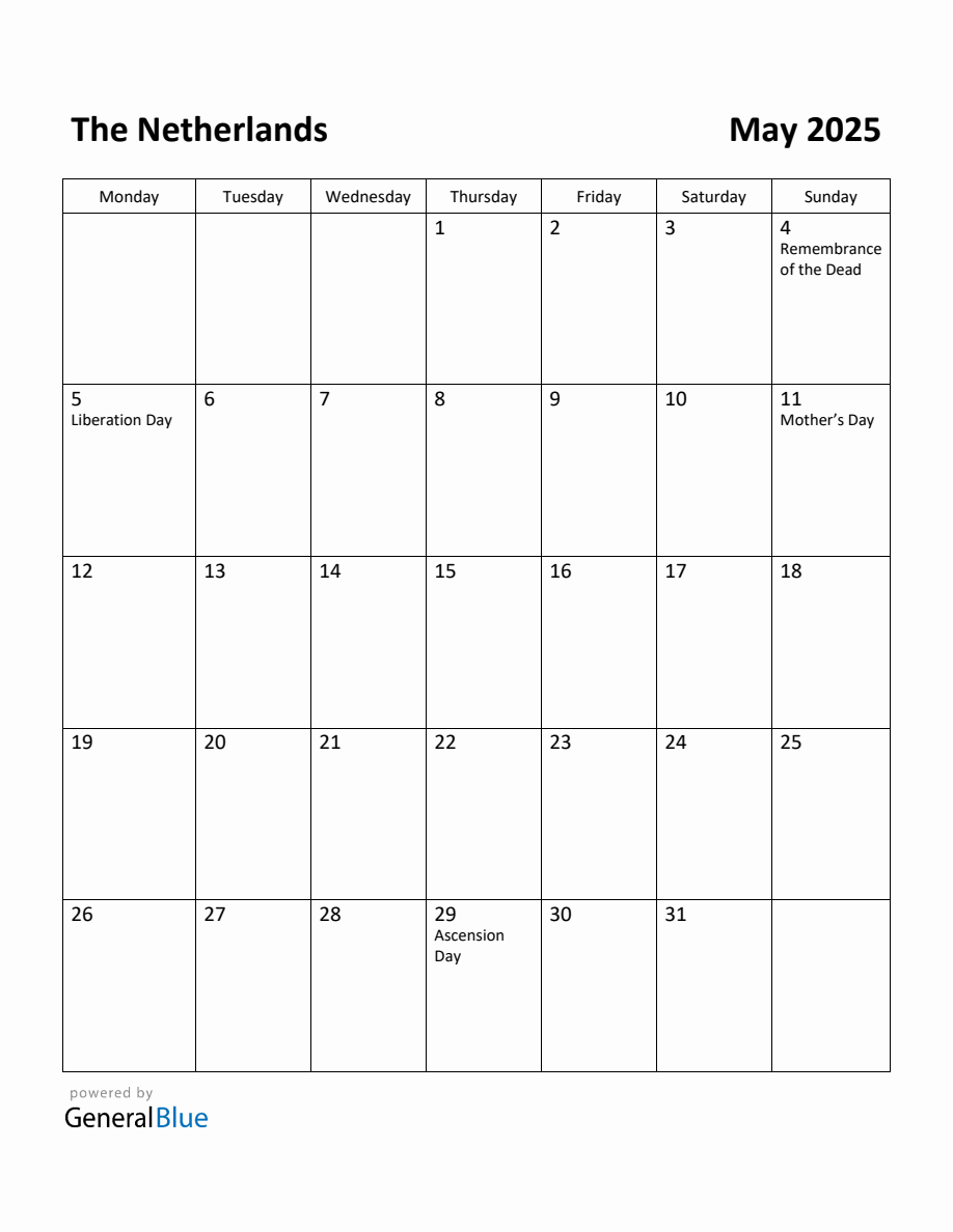 Free Printable May 2025 Calendar for Netherlands