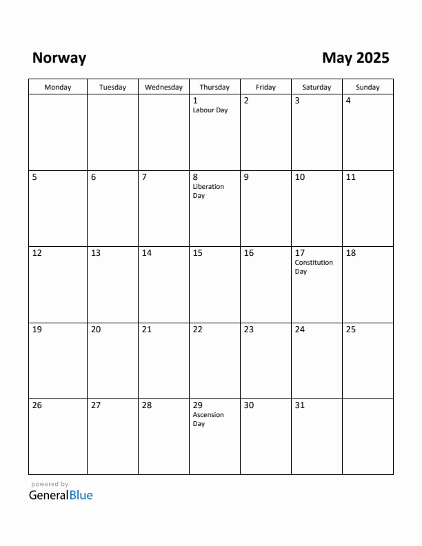 May 2025 Calendar with Norway Holidays