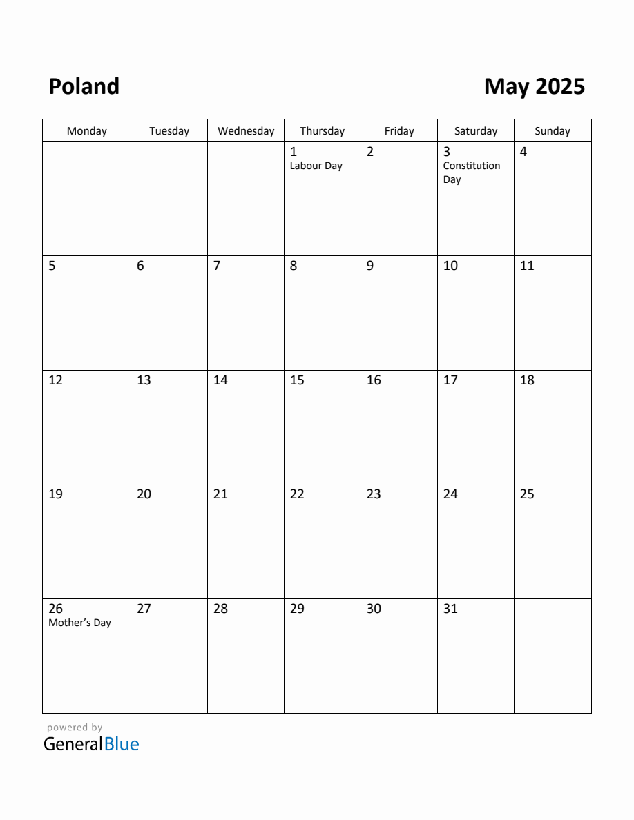 Free Printable May 2025 Calendar for Poland