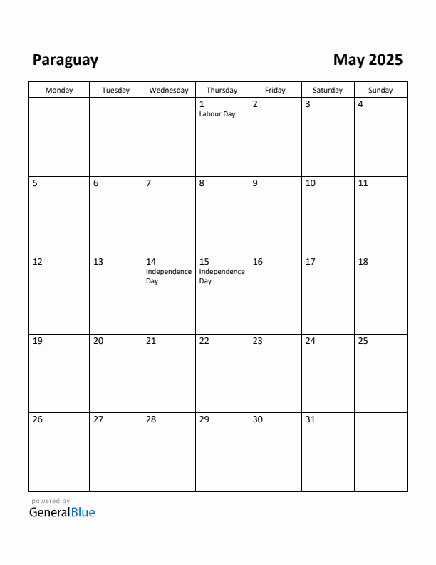 May 2025 Calendar with Paraguay Holidays