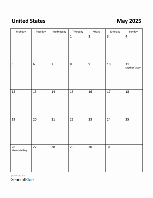 May 2025 Calendar with United States Holidays