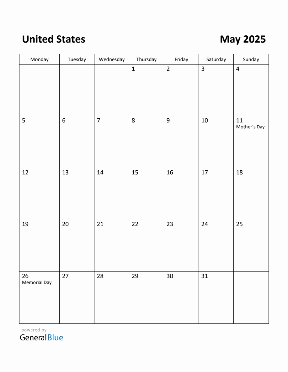 Printable May 2025 Calendar With Holidays United States 