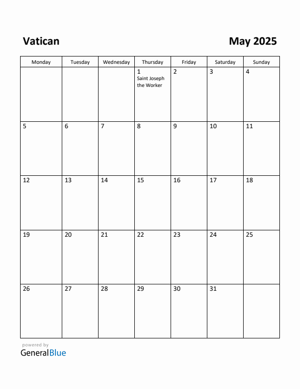 May 2025 Calendar with Vatican Holidays