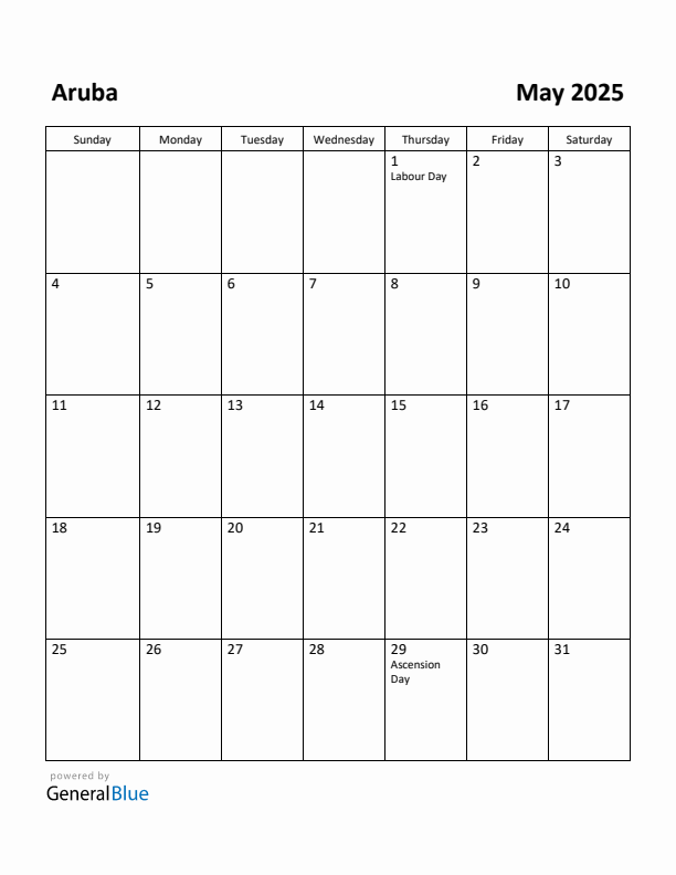 Free Printable May 2025 Calendar for Aruba