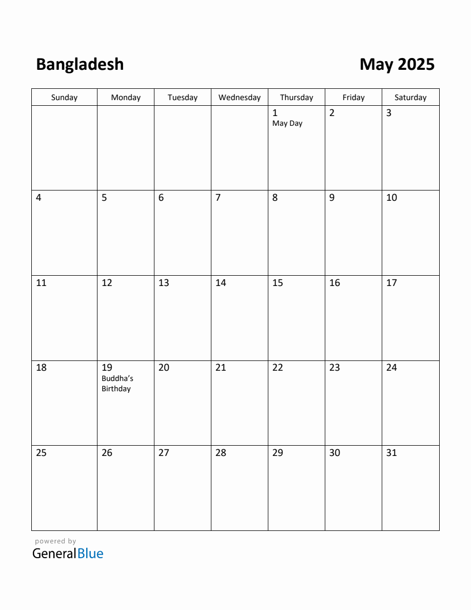 Free Printable May 2025 Calendar for Bangladesh