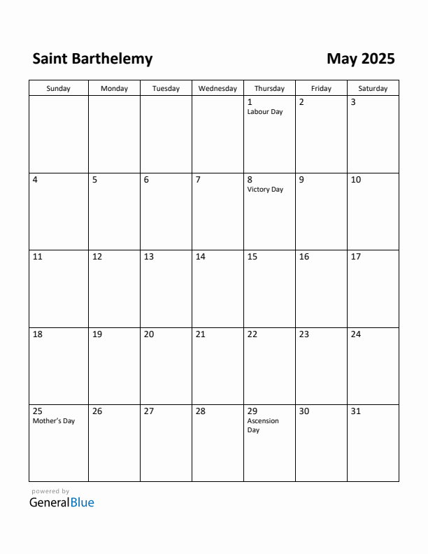 May 2025 Calendar with Saint Barthelemy Holidays