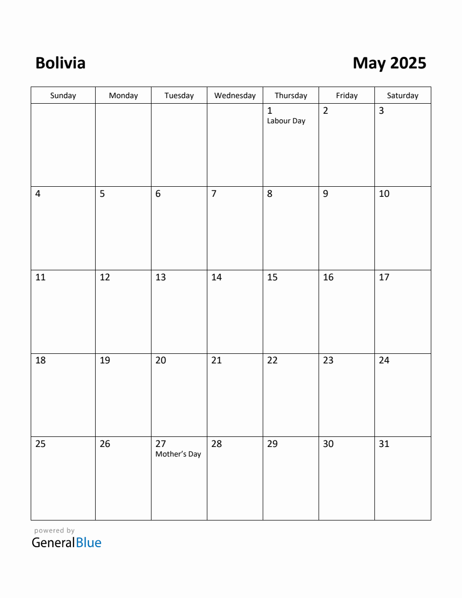 Free Printable May 2025 Calendar for Bolivia