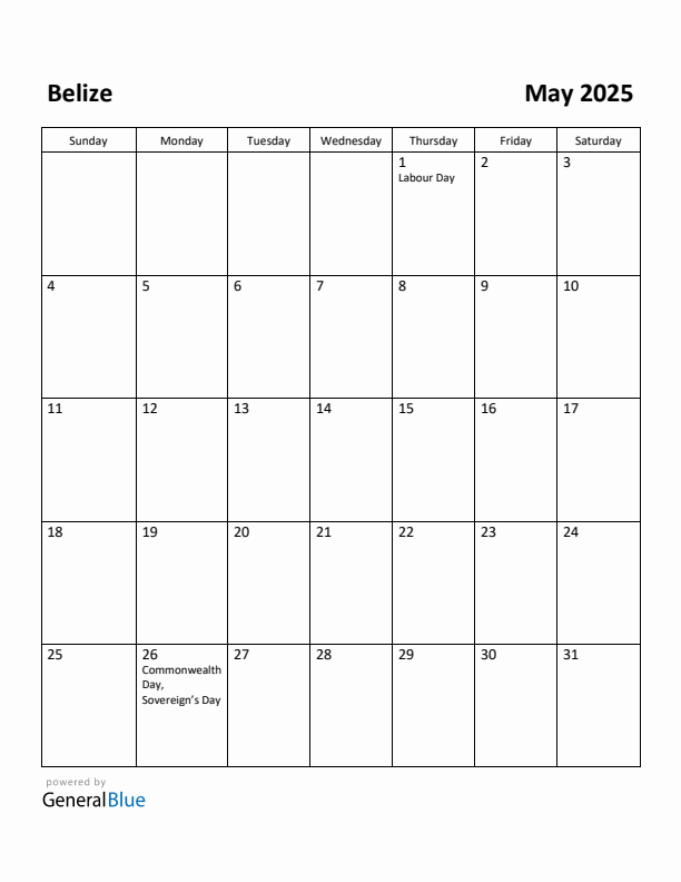 May 2025 Calendar with Belize Holidays