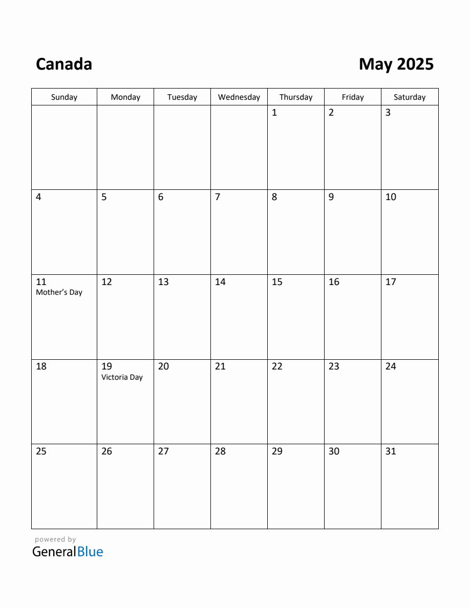 Free Printable May 2025 Calendar for Canada