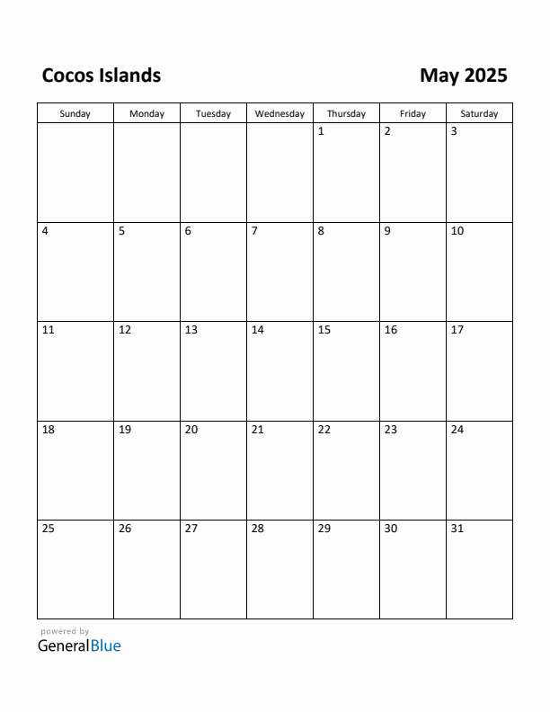 Free Printable May 2025 Calendar for Cocos Islands