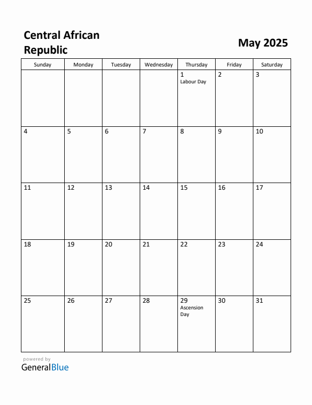 May 2025 Calendar with Central African Republic Holidays