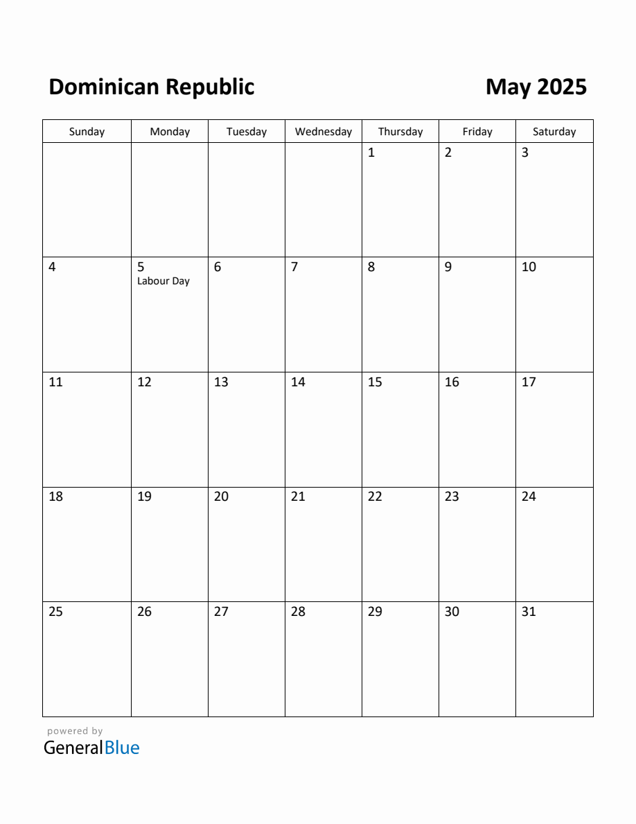 Free Printable May 2025 Calendar for Dominican Republic