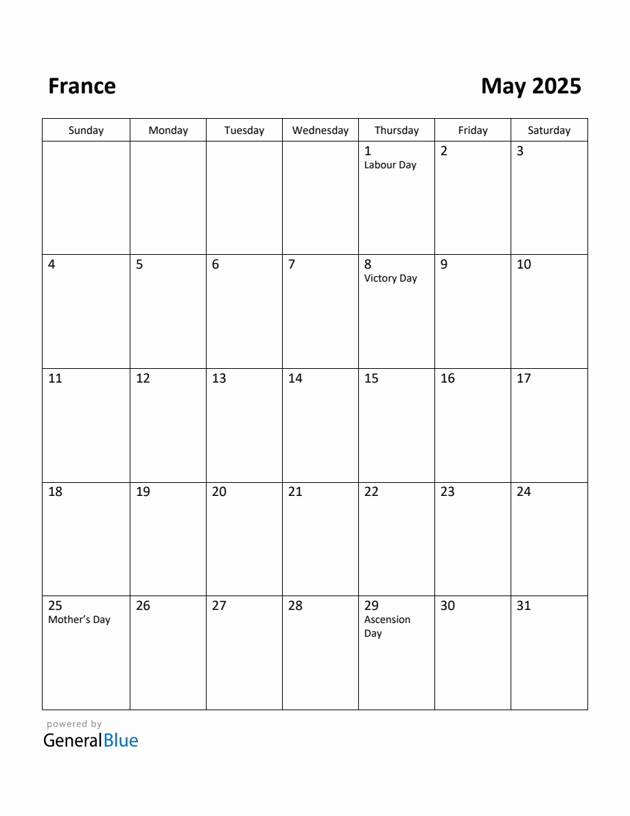 Free Printable May 2025 Calendar for France