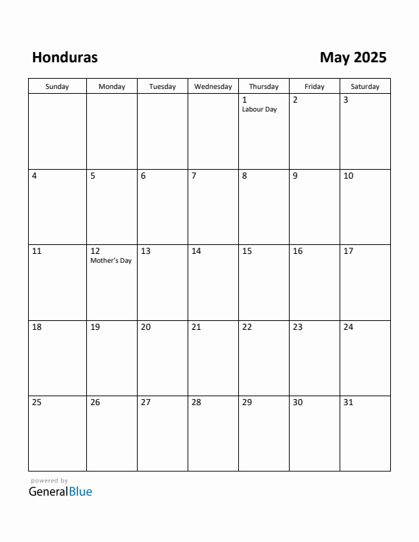 May 2025 Calendar with Honduras Holidays