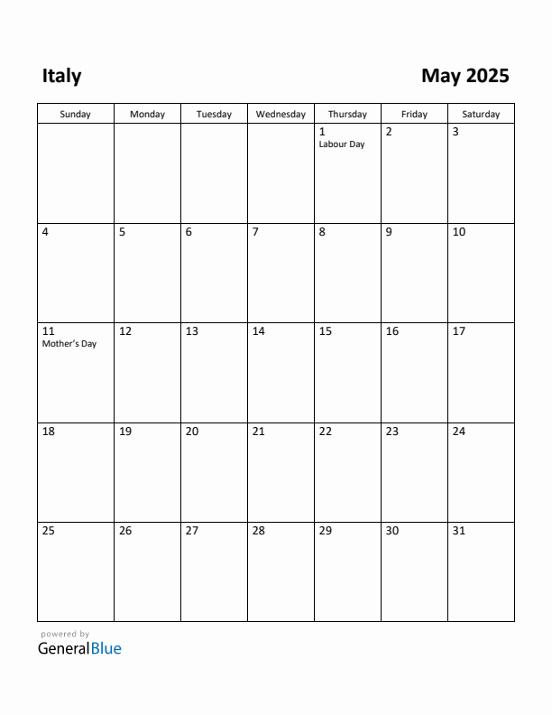 May 2025 Calendar with Italy Holidays