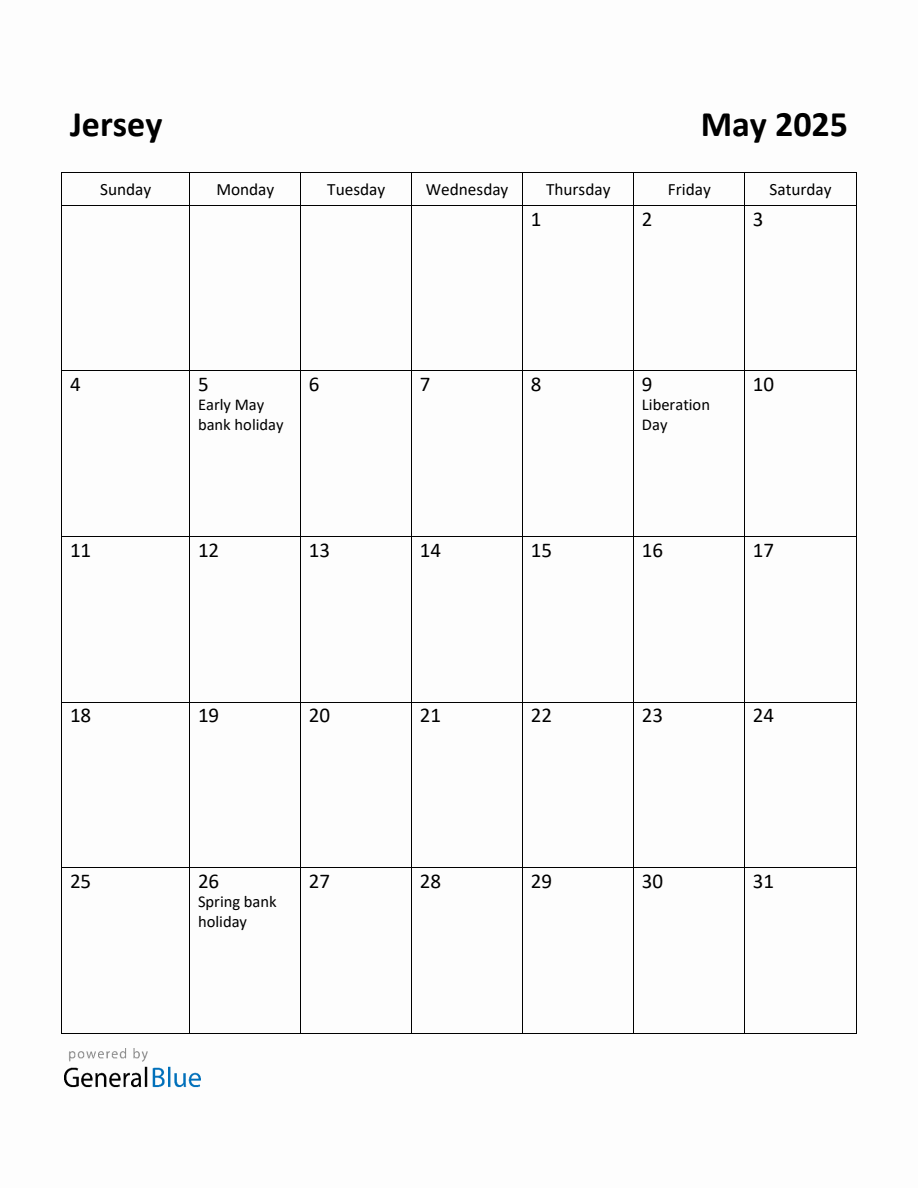 Free Printable May 2025 Calendar for Jersey