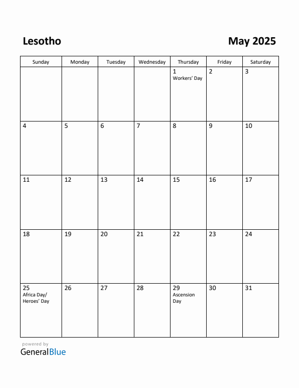 May 2025 Calendar with Lesotho Holidays