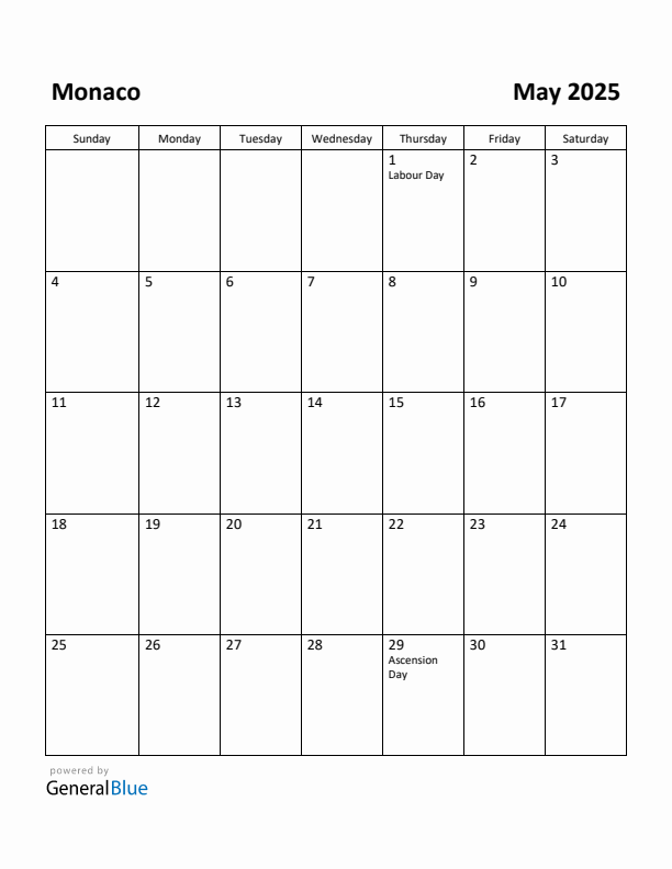 May 2025 Calendar with Monaco Holidays
