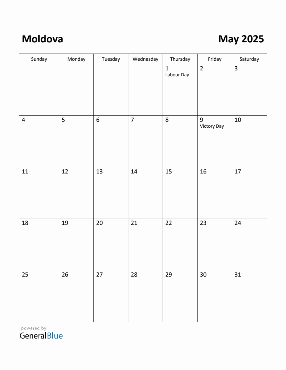 Free Printable May 2025 Calendar for Moldova