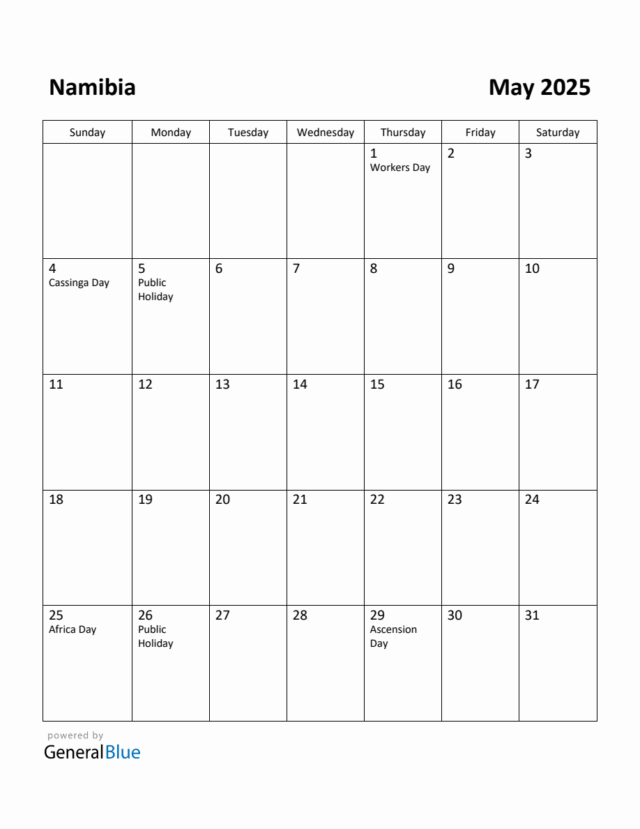 Free Printable May 2025 Calendar for Namibia