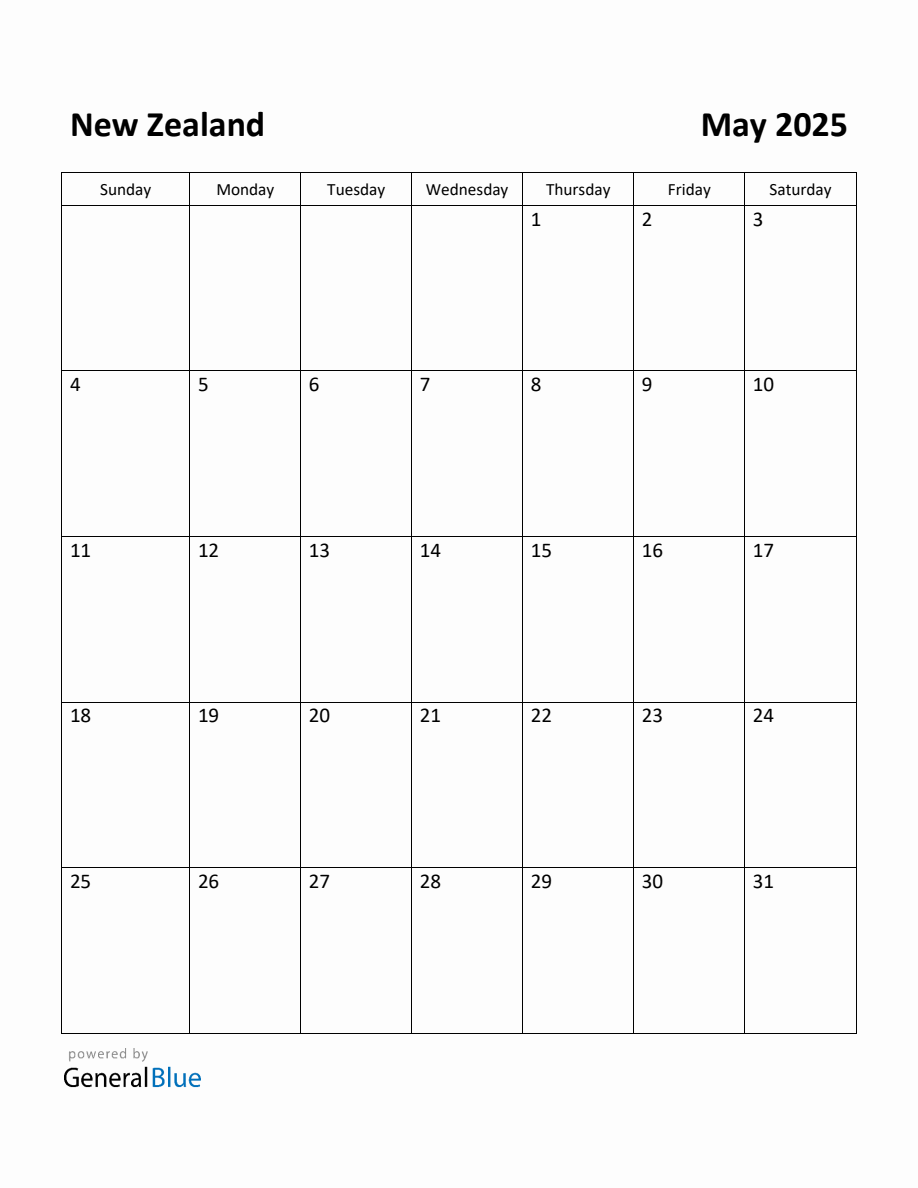 Free Printable May 2025 Calendar for New Zealand