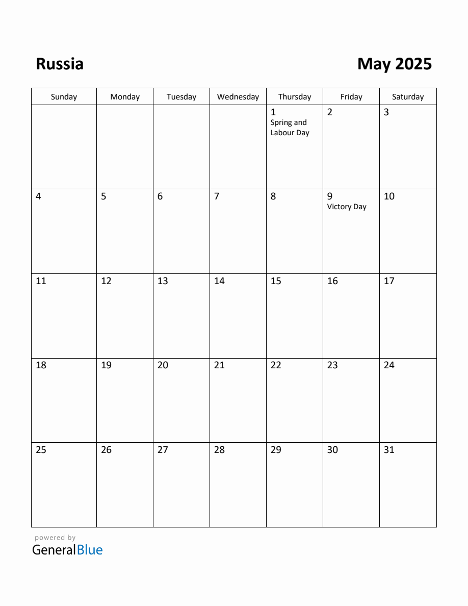 Free Printable May 2025 Calendar for Russia