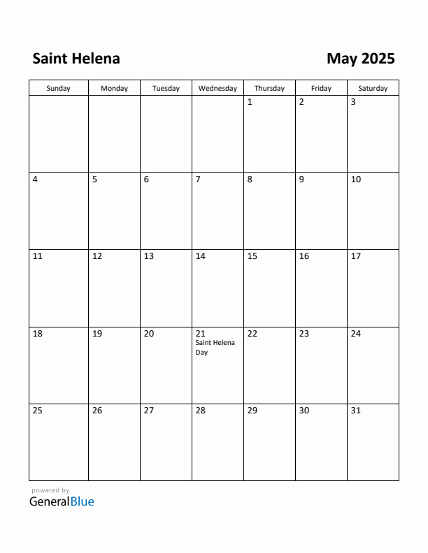May 2025 Calendar with Saint Helena Holidays