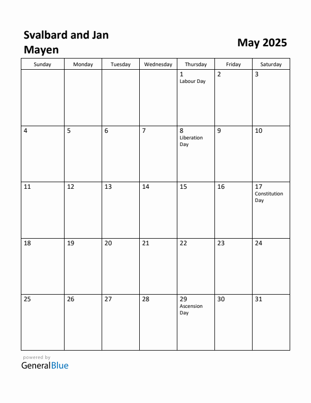 May 2025 Calendar with Svalbard and Jan Mayen Holidays