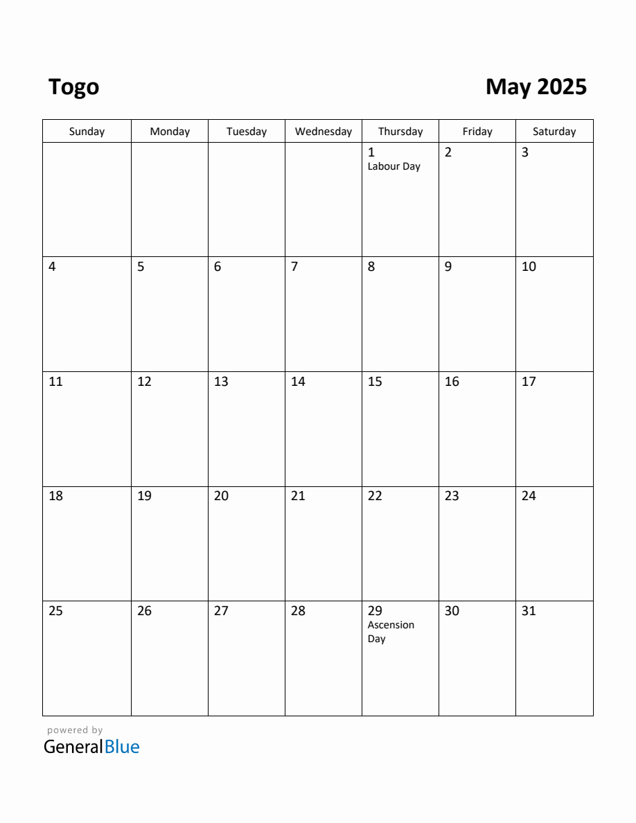 Free Printable May 2025 Calendar for Togo