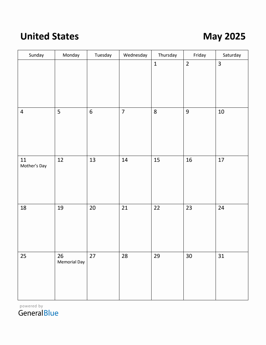 Free Printable May 2025 Calendar for United States