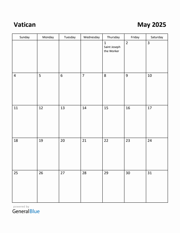 May 2025 Calendar with Vatican Holidays