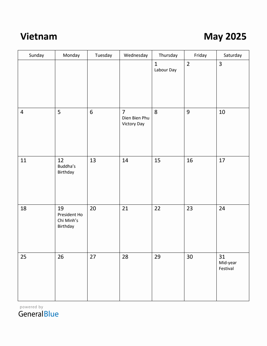 Free Printable May 2025 Calendar for Vietnam