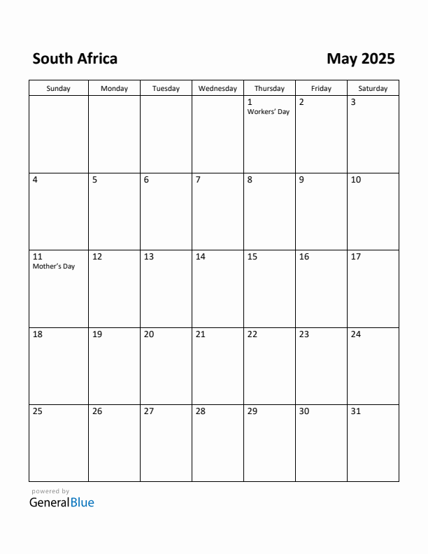 Free Printable May 2025 Calendar for South Africa