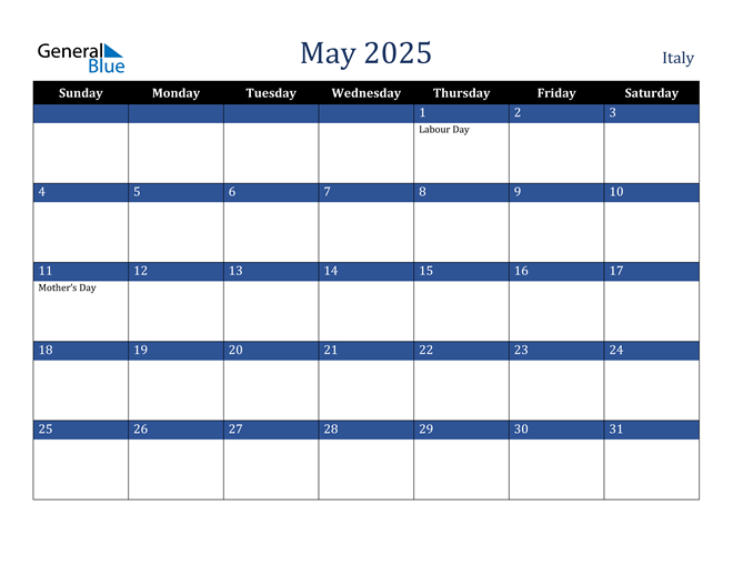 Italy May 2025 Calendar with Holidays