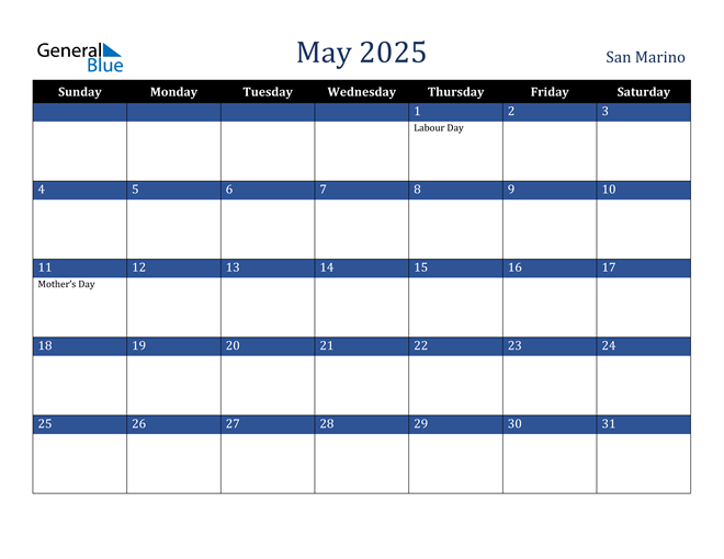 May 2025 Calendar with San Marino Holidays