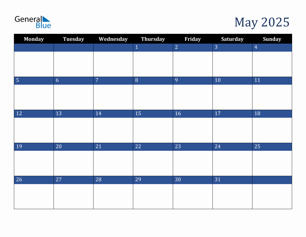 May 2025 Downloadable Monday Start Calendar